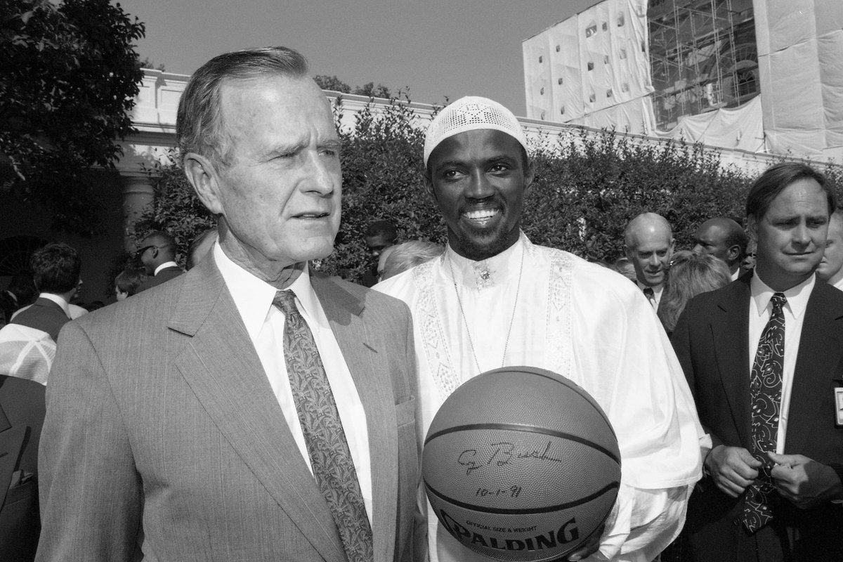He showed up to the White House visit for the Bulls championship in Afrikan garb and handed President Bush a handwritten letter on how to improve the Black community. He told Michael Jordan that he should leave Nike and do for self and employee the Black people of Chicago, Jordan