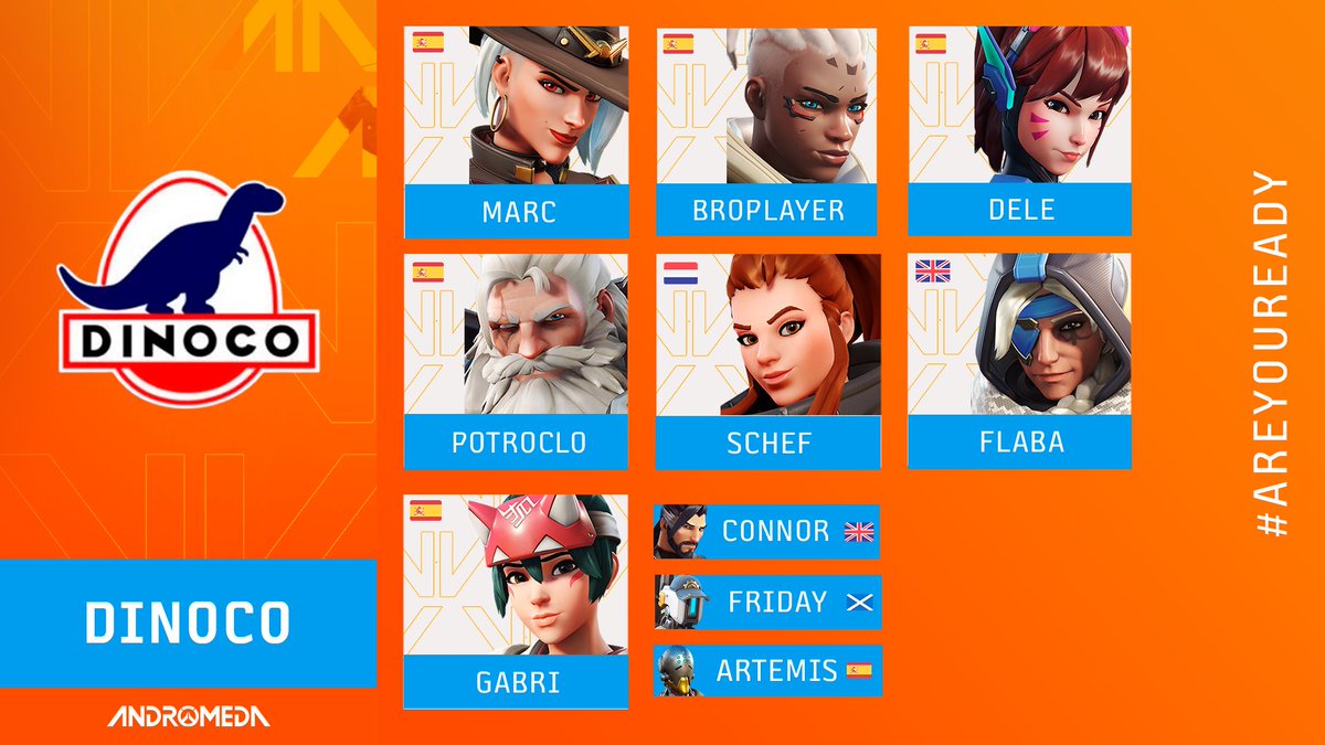 ¡BIENVENIDOS A OW ANDROMEDA!

#Dinoco es el CATORCEAVO equipo confirmado de la liga y quiere comerse a McQueen ⚡️

🔫 <a href="/m2rc_p/">marc</a> 
🔫 <a href="/BroPlaYer85/">BroPlaYer</a>
🛡️ <a href="/Dele_OW/">Dele</a>
🛡️ <a href="/potroclo_OW/">Potroclo (Aatrox's Version)</a>
💉 <a href="/StijnScheffers/">Schef</a>
💉 @Flabajack1 
💉 <a href="/gabriiow/">gabri</a>

⛑️ <a href="/C0nnorqq/">C0nnor</a>
⛑️ <a href="/Fr1dayyyy/">Friday</a>
💼 <a href="/Artemis_ow_/">Artemis | H</a> 

#AreYouReady
