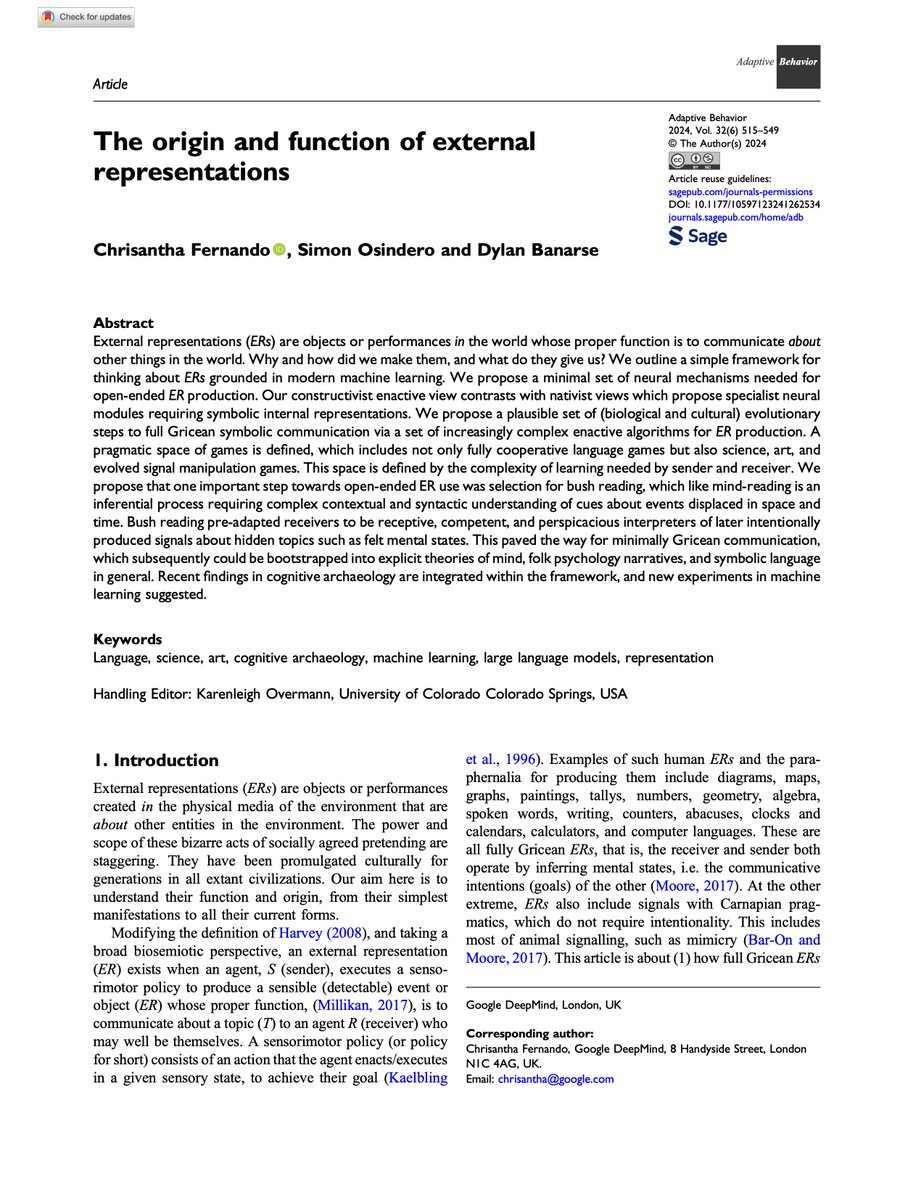 BDehbozorgi83's tweet image. How did humans evolve to create and understand external representations (ERs) like language, art, and science? A new framework grounded in machine learning links ERs to evolutionary steps like bush reading, enabling Gricean communication and symbolic thought. 
#CogSci #AI