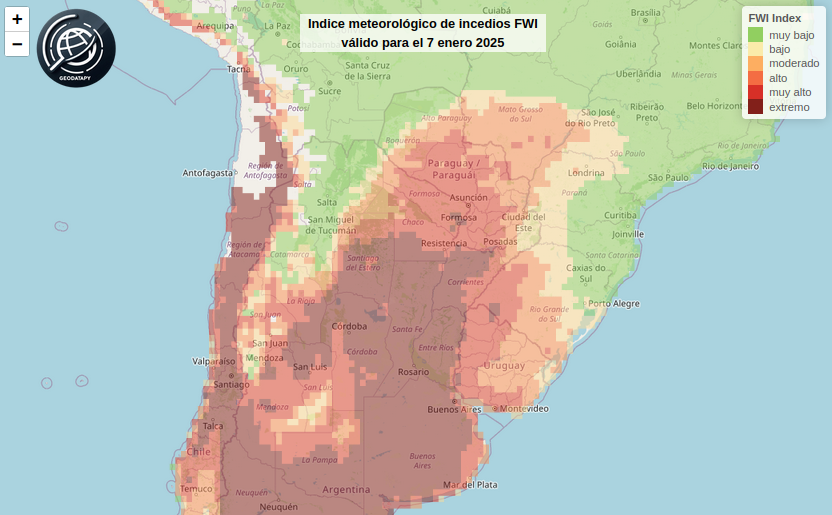 geodatapy's tweet photo. 🔥 Índice Meteorológico de Incendios (FWI) | 7 enero 2025
⚠️ Riesgo extremo de incendios forestales en gran parte del centro y norte de Argentina, Paraguay y el sur de Brasil.
🌱 Riesgo bajo en zonas altas de la cordillera.
#IncendiosForestales #Clima #FWI #Sudamérica #Pronóstico https://t.co/nT0LSeObI6
