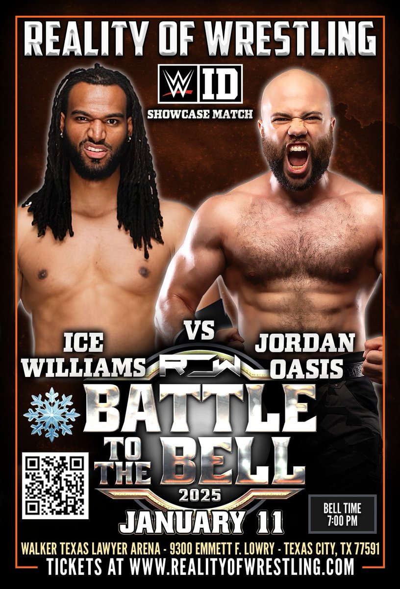 WWEID's tweet image. . @IceWillliams vs. @TheJordanOasis in a #WWEID Official Showcase Match has been signed for @TheOfficialROW on January 11th in Houston, TX.

Can Ice get to a 3 match winning streak? Will Jordan Oasis get his 1st win?