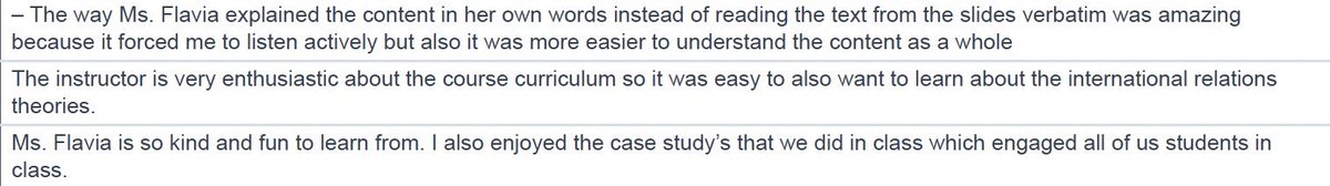 Just got my students’ feedback for the International Political Relations class I taught for the first time as an instructor of record. The positive comments make all the work worth it. I love teaching, and this confirms I’m on the right path 💫