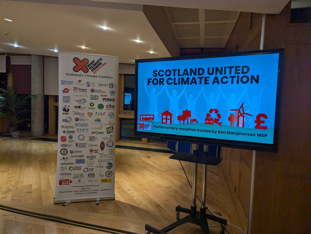 Getting set up for our "Scotland United for Climate Action" reception <a href="/ScotParl/">Scottish Parliament</a> tonight, sponsored by <a href="/BenMacpherson/">Ben Macpherson MSP</a> MSP and with speakers Acting Minister for Climate Action <a href="/alasdairallan/">Alasdair Allan</a>, Emma James <a href="/ClimateOutreach/">Climate Outreach</a>, <a href="/ZarinaAhmad13/">Zarina Ahmad</a> <a href="/Wen_UK/">Wen. (Women’s Environmental Network)</a> and SCCS Chair <a href="/RSGS_CEO/">Mike Robinson</a>