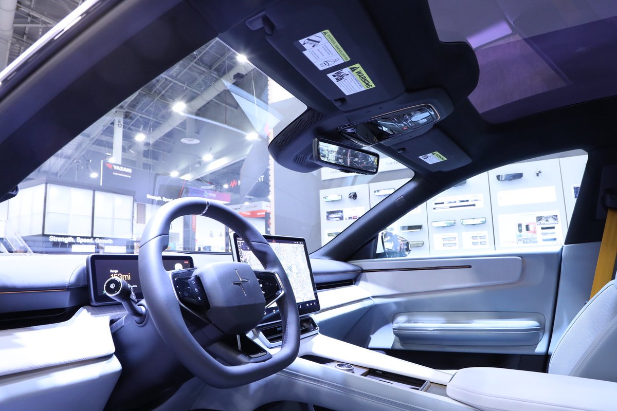 GentexCorp's tweet image. When the @ces show floor opens today, check out the @polestarcars 4 at the Gentex Booth. Its unique design has no rear window.  A rearward HD camera displayed in the Gentex Full Display Mirror provides drivers with an unobstructed view. #gentex #polestar4 #digitalvision #CES2025