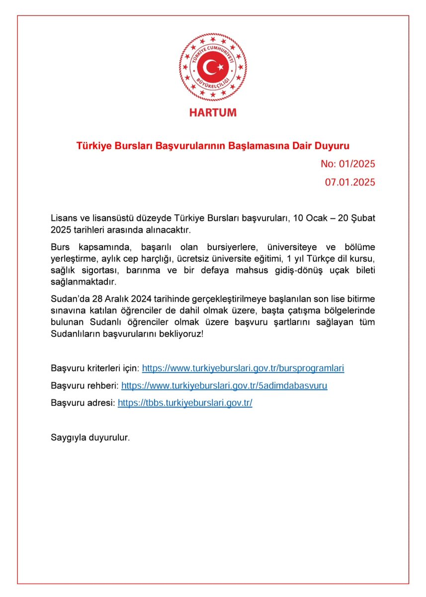 TC_HartumBE's tweet photo. 📢 2025 yılı Türkiye Bursları başvuruları, 10 Ocak - 20 Şubat tarihleri arasında alınacaktır.

Başvuru kriterleri için: https://t.co/FZzMV8tBZq

Başvuru rehberi: https://t.co/ZZZlVyIhZt

Başvuru adresi: https://t.co/D8tnTcR6cg https://t.co/qzbjUDTd8q