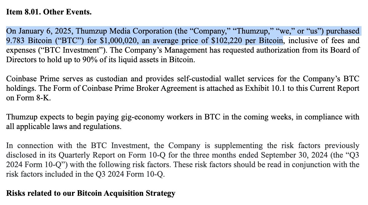 JUST IN: Publicly traded company Thumzup Media Corp bought $1 million in # bitcoin for its balance sheet 💥