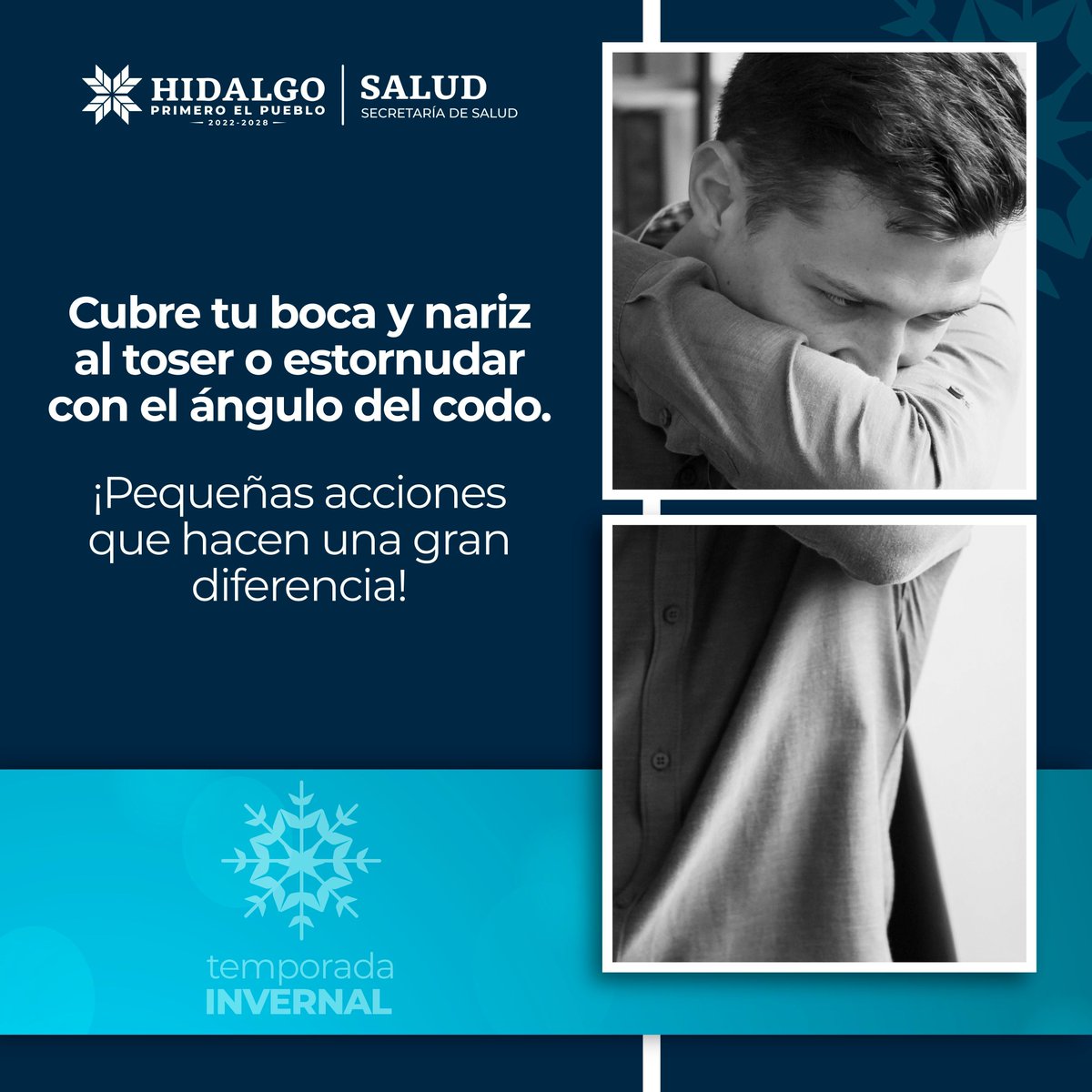 Salud_Hidalgo's tweet photo. 🌡️ Durante la #TemporadaInvernal, las enfermedades respiratorias están al acecho. Protégete y protege a los demás usando el ángulo del codo al toser o estornudar. ❄️

#PrimeroTuSalud #PrimeroElPueblo https://t.co/ZFRWsHglCi