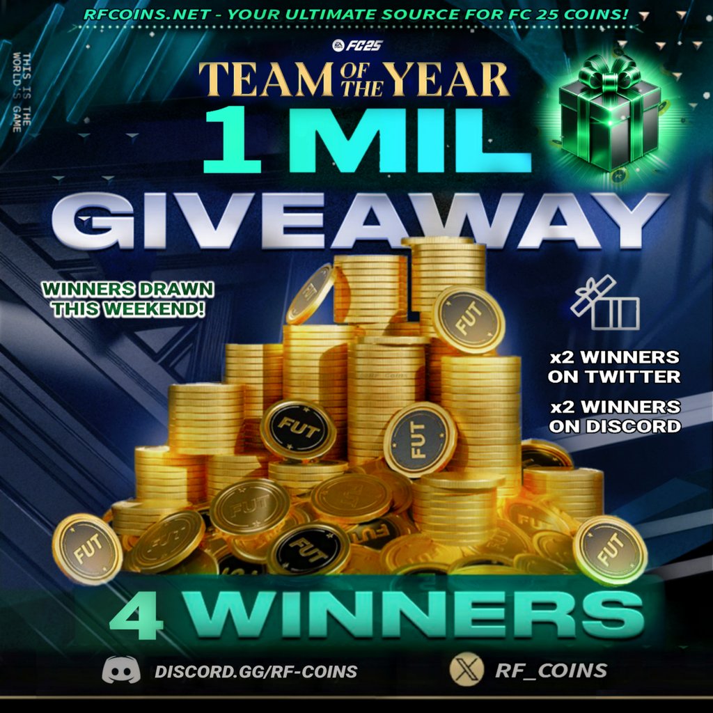 RF_Coins's tweet photo. 🌟💎 PRE-TOTY #GIVEAWAY
1 MILLION COINS 💥 250K x4 Winners!

💚+🔄 Like & Repost
🔔 Follow @RF_Coins 
💫 Comment your #TOTY Vote & tag a friend for extra entry 🧞

🔵 To enter on Discord:
⏩ https://t.co/6yEf7Y4oYt

🎉🏆 Winners announced this weekend! Good luck ✨💚

#RFCOINS | #EAFC25