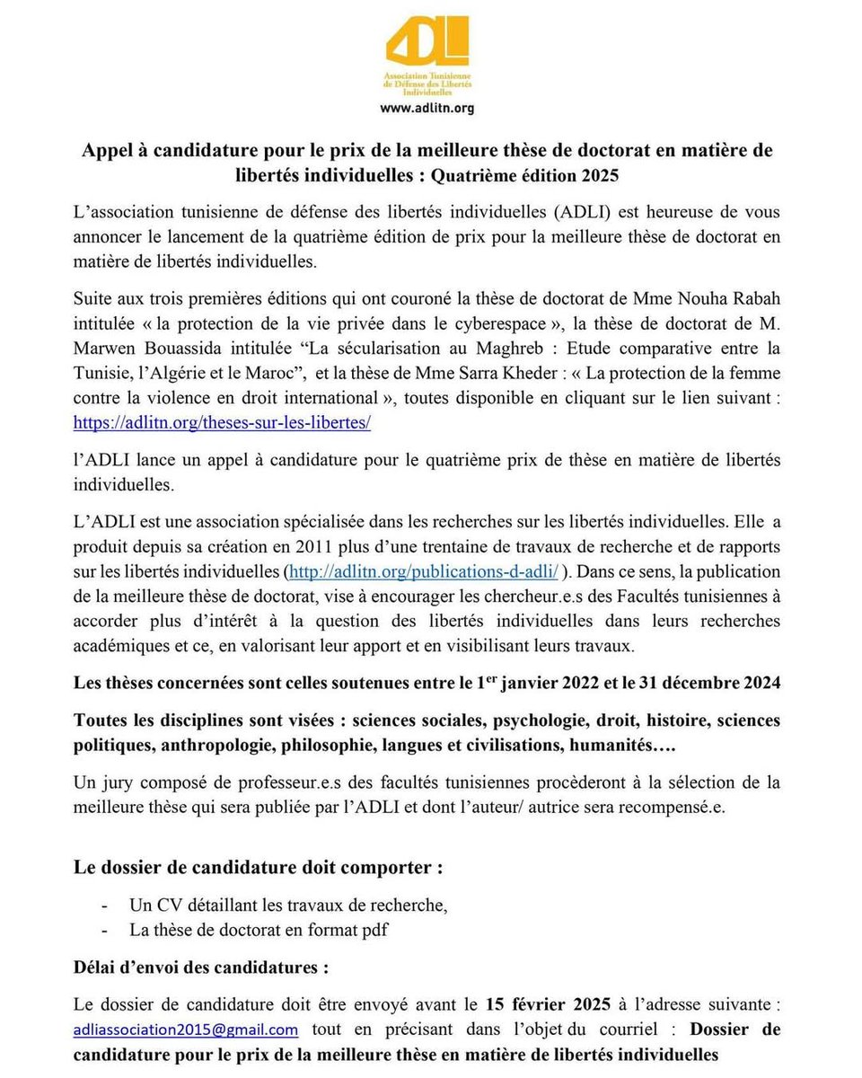 ADLItn's tweet photo. 🏆 Appel à Candidature : Prix de la Meilleure Thèse de Doctorat en Libertés Individuelles - Quatrième Édition 2025 📚🎓

#PrixDeThèse #LibertésIndividuelles #Recherche #ADLI #AppelÀCandidature #Doctorat #Tunisie 🇹🇳 https://t.co/v24tntQV5K