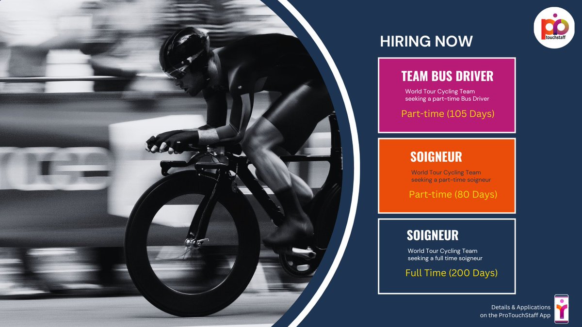 3 Opportunities for Pro Cycling Staff (minimum 1 year of experience &amp; right to work in the EU required)
Soigneur 200 days, Soigneur 80 Days, Bus Driver 105 days
Full details on our #protouchstaff_ app
#cycling #talent #procycling