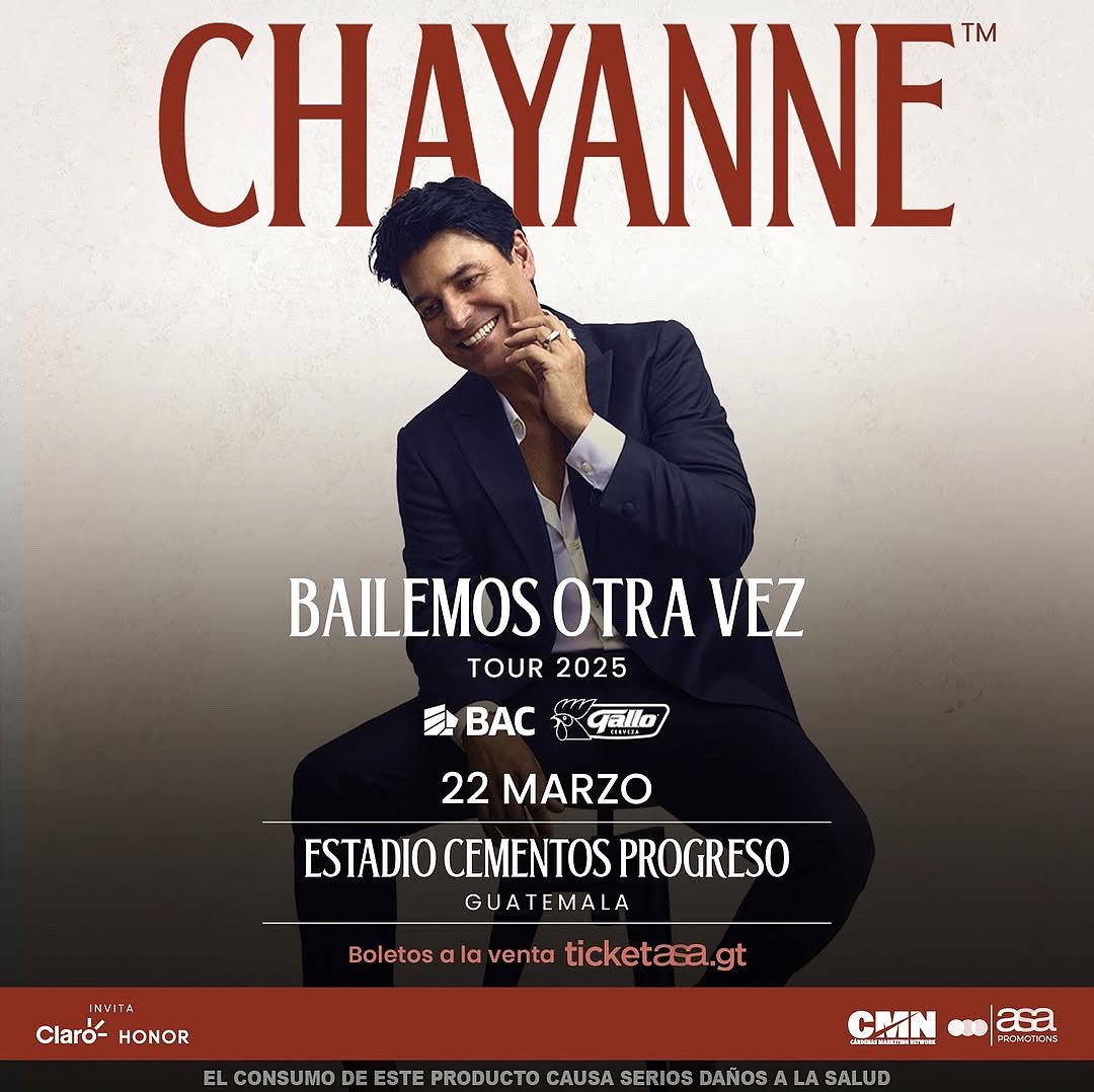sonymusicca's tweet photo. ¡CONCIERTO!
GUATEMALA 🇬🇹 
@CHAYANNEMUSIC 
🗓️ 22 de marzo 2025
🏟️ Estadio Cementos Progreso 
🎫 https://t.co/NxiGDuGjzF
Prod @asapromotions 
#BailemosOtraVezTour #CHAYANNE ™️ https://t.co/Bf0v6ZBDSo