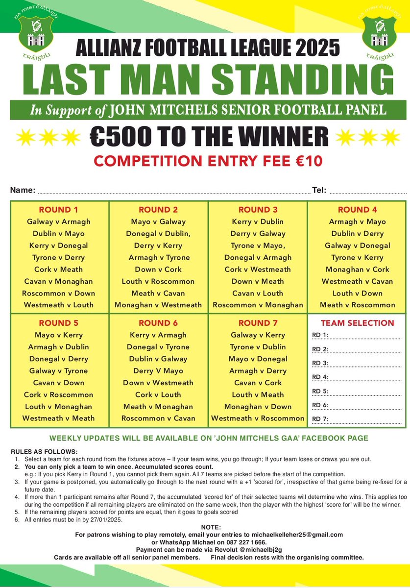 📢 Last Man Standing Fundraiser in support of John Mitchels Senior Football Panel 🏐💚💛
Thanks to everyone who has supported our Last Man Standing Senior Football Fundraiser.
Closing date: 27/1/25
For further details, please contact Michael Kelleher michaelkelleher25@gmail.com