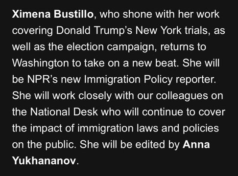 Ximena_Bustillo's tweet image. ✨PERSONAL NEWS: Excited to pivot back to policy as NPR’s Homeland Security & Immigration policy reporter!
Find me w/ my talented colleagues on a Hill, WH or agency hallway near you!
Should we talk? Are you a current/former DHS employee? Do you write these bills? Let’s chat👋