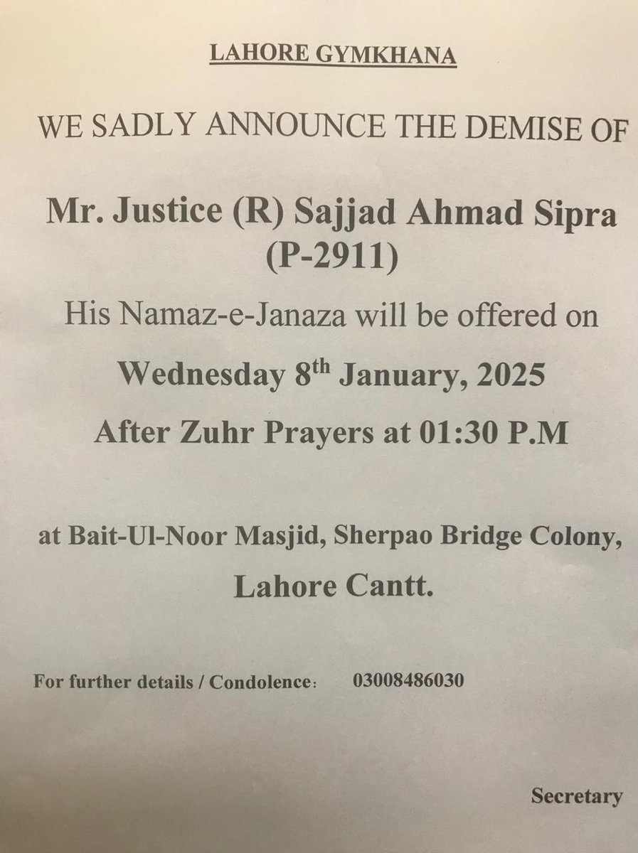 Justice Sajjad Ahmed Sipra, former president of the Punjab university  student union, leading lawyer, deputy attorney General, senior high court  Judge and ombudsman Punjab passed away in services hospital Lahore today. He, image size:897x1200