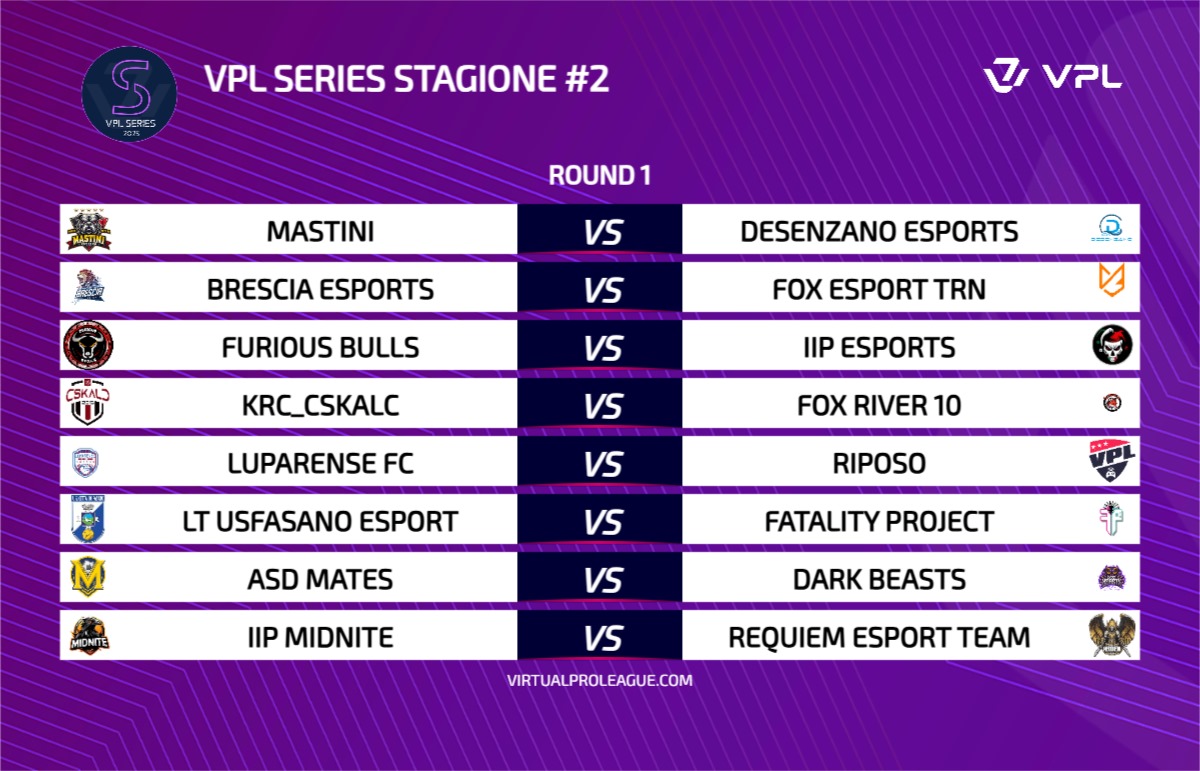 VPL Italy 🇮🇹 (@vplitaly) on Twitter photo 📣 ⚡ Prima giornata di VPL Series #SeasonTwo .
<a href="/MastiniProClub/">MASTINI proclub_EverGreen official MST</a> Vs <a href="/DSZ_eSports/">DESENZANO eSports</a>
<a href="/Brescia_eSports/">Brescia eSports</a> Vs <a href="/FoxTrinacria/">FOX ESPORT TRN</a>
<a href="/FuriousBulls/">Furious BuLLs</a> Vs <a href="/IIP_eSports/">IIP eSports</a>
<a href="/OfficialCSKALC/">CSKALC🇮🇹</a> Vs <a href="/FoxRiver10_/">Fox River</a>
@FasanoeUs Vs <a href="/FatalityProClub/">Fatality Project</a>
<a href="/AsdMates/">ASD Mates</a> Vs <a href="/DARK_BEASTS_/">DARK BEASTS👹💜🖤</a>
<a href="/MidniteProClub/">Midnite</a> Vs <a href="/Requiem_proclub/">Requiem Esport Team</a> 📣 ⚡ Prima giornata di VPL Series #SeasonTwo .
<a href="/MastiniProClub/">MASTINI proclub_EverGreen official MST</a> Vs <a href="/DSZ_eSports/">DESENZANO eSports</a>
<a href="/Brescia_eSports/">Brescia eSports</a> Vs <a href="/FoxTrinacria/">FOX ESPORT TRN</a>
<a href="/FuriousBulls/">Furious BuLLs</a> Vs <a href="/IIP_eSports/">IIP eSports</a>
<a href="/OfficialCSKALC/">CSKALC🇮🇹</a> Vs <a href="/FoxRiver10_/">Fox River</a>
@FasanoeUs Vs <a href="/FatalityProClub/">Fatality Project</a>
<a href="/AsdMates/">ASD Mates</a> Vs <a href="/DARK_BEASTS_/">DARK BEASTS👹💜🖤</a>
<a href="/MidniteProClub/">Midnite</a> Vs <a href="/Requiem_proclub/">Requiem Esport Team</a>