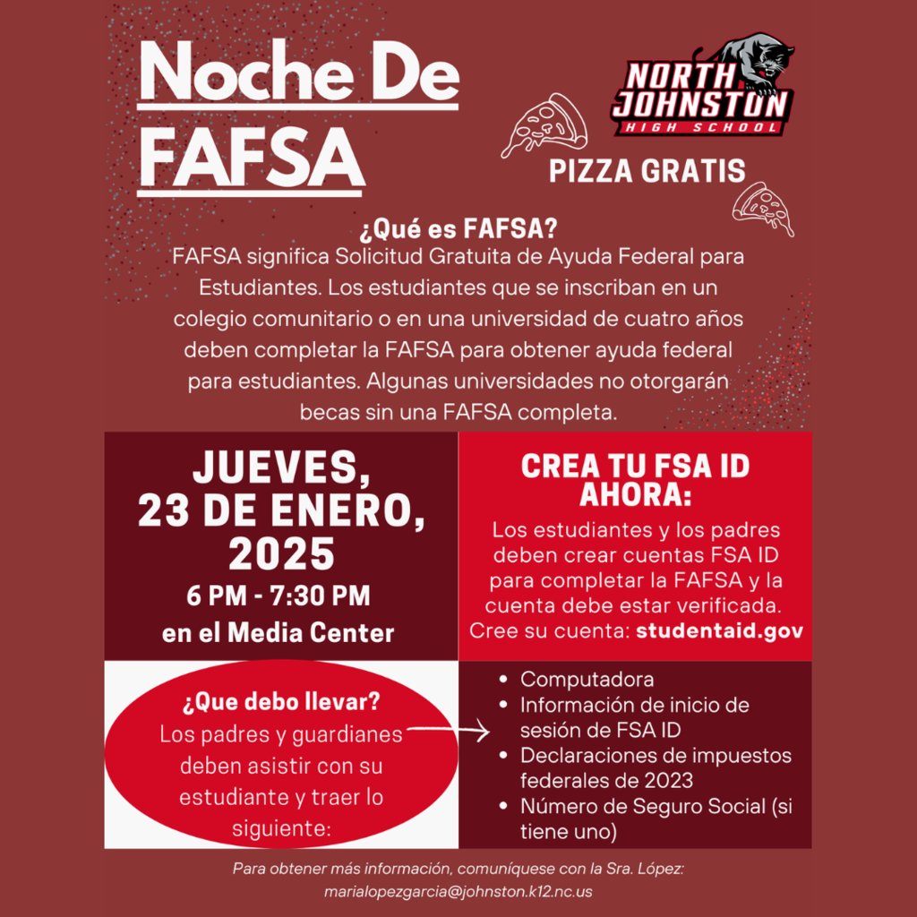 North Johnston organizará una Noche FAFSA para ayudar a los padres y estudiantes a completar su solicitud FAFSA el 23 de enero.