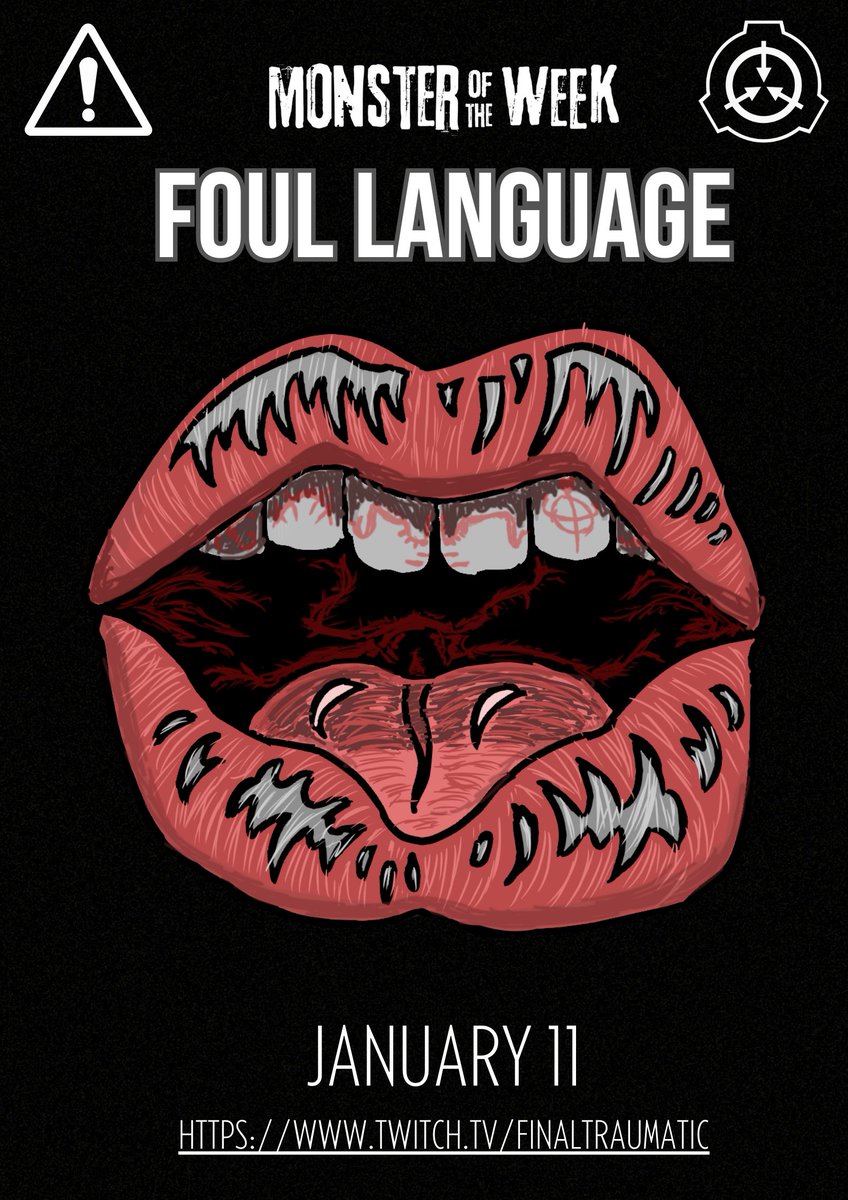 FinalTraumatic's tweet image. Good evening, fellow delvers of the macarbe! Embark on a mystery most foul this Satuday in 

SCP: Foul Language [MoTW]

Time: 6pm (HKT) 11th January (Saturday) 
Setting: Modern Times 
Genre: SCP,  Investigative,  Gore &amp;amp; Violence

#scp #monsteroftheweek #twitch #ttrpg