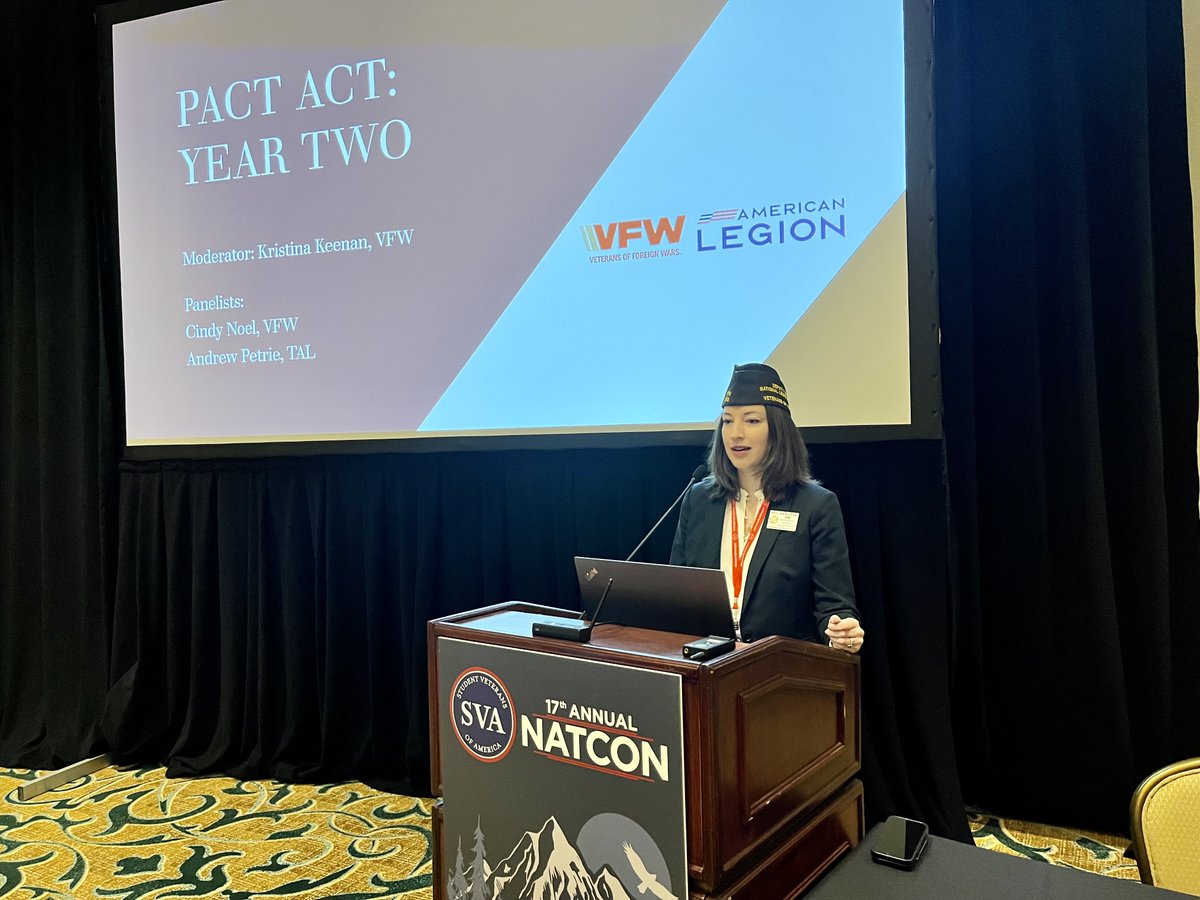 VFWHQ's tweet image. VFW National Legislative Service Deputy Director Kristina Keenan and National Veterans Service Assistant Director of Field Operations Cindy Noel took part in PACT ACT: Year Two, the @studentvets #NatCon2025 panel focused on all things #PACTAct; from its inception to the impacts…