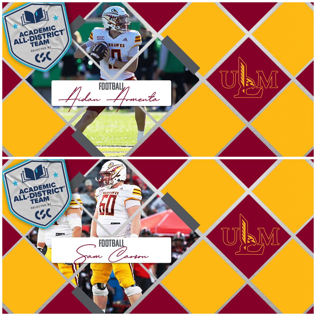 ULM_FB's tweet photo. Getting the job done on the field and in the classroom 👏 

Eight Warhawks were selected to the 2024 CSC Academic All-District Football Team, which recognizes the nation's top student-athletes for their combined performances on the field and in the classroom. 🏈 📚

🏈📰: https://t.co/wyHGt9cZbr