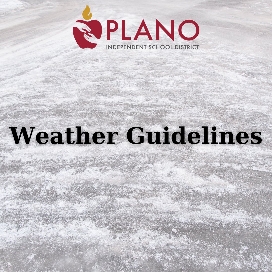 Plano ISD is closely monitoring the possibility of inclement weather and will communicate with families and staff if school operations  change via:
-Website
-Mobile App
-School Messenger (e-mail, phone and text messages)
-Social media
-Local news media
pisd.edu/weatherguideli…