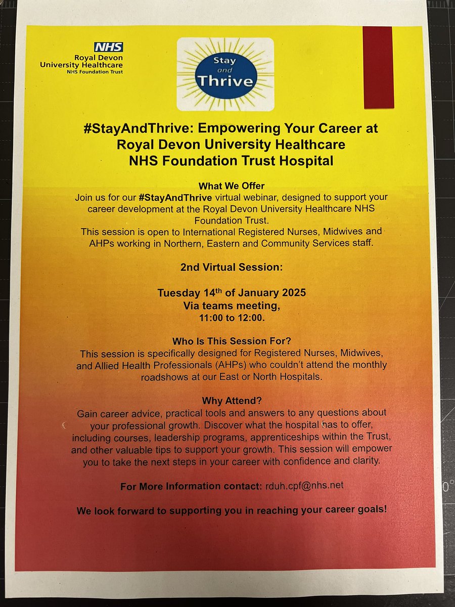 SpiropChrist's tweet image. 📢 Calling all IR Registered Nurses, Midwives &amp;amp; AHPs! Join our #StayAndThrive virtual webinar to boost your career at RDUH Hospital.

🗓️ Date: 14th Jan 2025
⏰ Time: 11:00–12:00

Gain career advice, tools &amp;amp; support for your growth.

👉 Join via Teams on the day- link on the HUB.