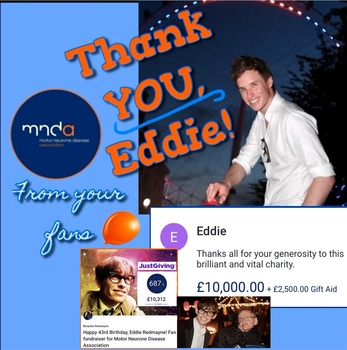 Happy44thEddie's tweet image. He always comes through! Thanks to @MNDassoc Patron #EddieRedmayne for supporting fans’ annual #HappyBirthdayEddie fundraiser for the cause that has been dear to him for more than a decade! His £10,000 donation (+yours) are critical to those affected by this relentless disease.