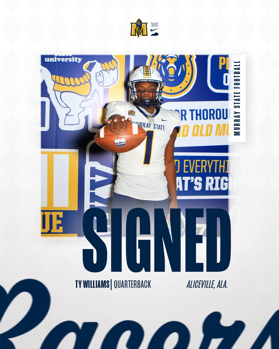 Murray State Football (@racersfootball) on Twitter photo 𝙒𝙚𝙡𝙘𝙤𝙢𝙚 𝙩𝙤 𝙩𝙝𝙚 𝙈𝙆𝙔 ✍️
🪪 <a href="/_TyWilliams_11/">$ Ty’Jarian “Ty” Williams $</a>
📏 6’3 // 240 lbs, Quarterback
📍 Aliceville, Alabama
#GoRacers🏇 𝙒𝙚𝙡𝙘𝙤𝙢𝙚 𝙩𝙤 𝙩𝙝𝙚 𝙈𝙆𝙔 ✍️
🪪 <a href="/_TyWilliams_11/">$ Ty’Jarian “Ty” Williams $</a>
📏 6’3 // 240 lbs, Quarterback
📍 Aliceville, Alabama
#GoRacers🏇