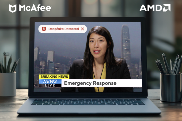 McAfee's tweet photo. 📣 BREAKING AT #CES2025! McAfee and @AMD have joined forces🤝 to fight deepfake scams!

McAfee’s Deepfake Detector, supercharged with AMD Ryzen™ AI 300 Series processors, redefines online safety. Detect deepfakes in seconds—stay one step ahead of misinformation.

🔎 Truth or fake? Together, we’ve got you covered: https://t.co/oBfCDiNnvc 
#McAfeeCES2025