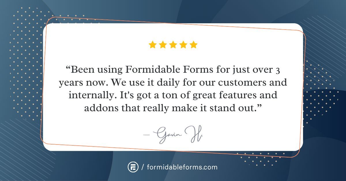 FormidableForms's tweet image. "Been using Formidable Forms for just over 3 years now. We use it daily for our customers and internally. It's got a ton of great features and addons that really make it standout." - Gavin H.
#testimonial #formidableforms #wordpress #formbuilder
