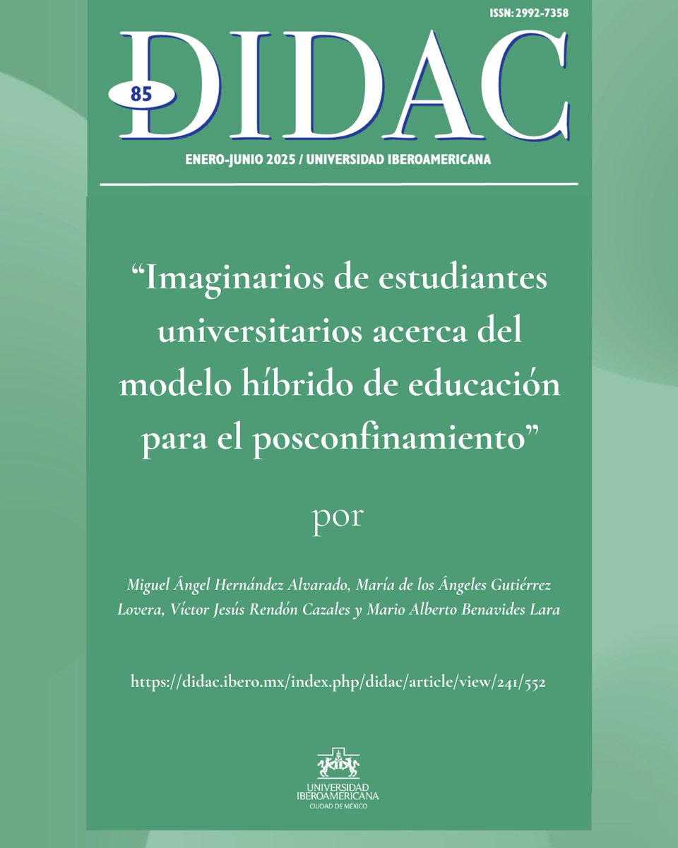 CEIDE UNAM (@ceide_unam) on Twitter photo 📚 ¿Cómo imaginaban los estudiantes la educación pospandemia?
Este artículo de la CEIDE destaca cómo el modelo híbrido fue imaginado por los estudiantes universitarios como una forma segura y organizada de abordar la educación pospandemia.
🔗didac.ibero.mx/index.php/dida…
<a href="/DIDAC_UIA/">Revista DIDAC</a> 📚 ¿Cómo imaginaban los estudiantes la educación pospandemia?
Este artículo de la CEIDE destaca cómo el modelo híbrido fue imaginado por los estudiantes universitarios como una forma segura y organizada de abordar la educación pospandemia.
🔗didac.ibero.mx/index.php/dida…
<a href="/DIDAC_UIA/">Revista DIDAC</a>