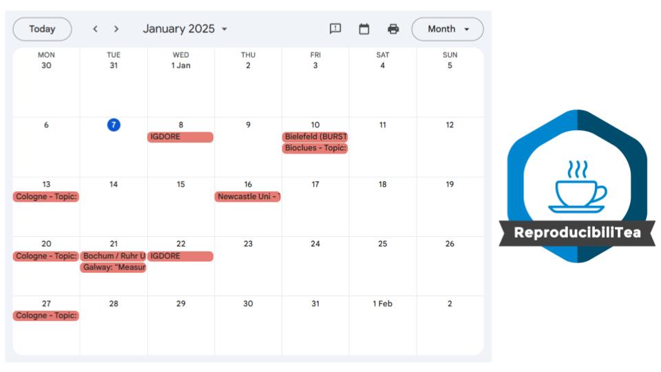 Upcoming events - ReproducibiliTea online:
reproducibilitea.org/calendar