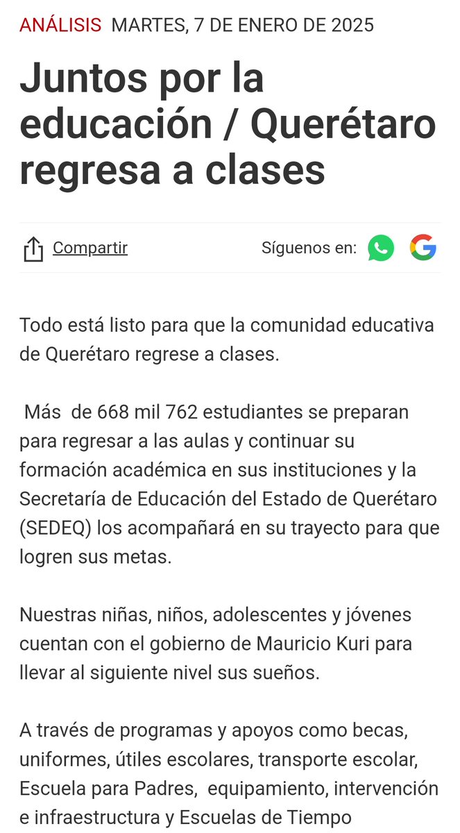 MarthaSotoQro's tweet image. ¡Bienvenidos a un nuevo ciclo escolar!  Estoy muy orgullosa de todo lo que hemos logrado en la #SEDEQ y estoy emocionada por iniciar este 2025.  Lee mi columna y juntos llevemos la #educación #alsiguientenivel. #EducaciónParaTodos #Querétaro

oem.com.mx/diariodequeret…