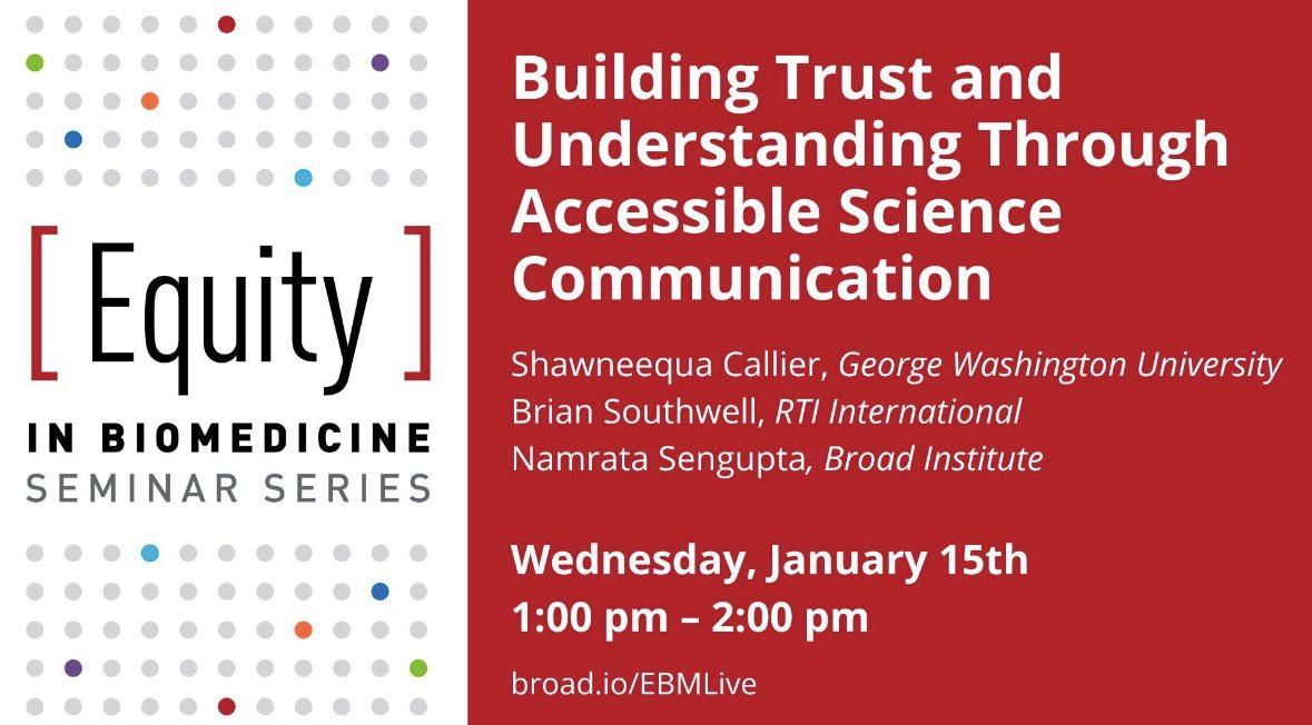 At a <a href="/broadinstitute/">Broad Institute</a> panel next week, “Building Trust and Understanding Through Accessible Science Communication,” we will explore strategies for making #scicomm more accessible to foster trust &amp; understanding among diverse audiences. 

Register here: broad.io/EBMLive