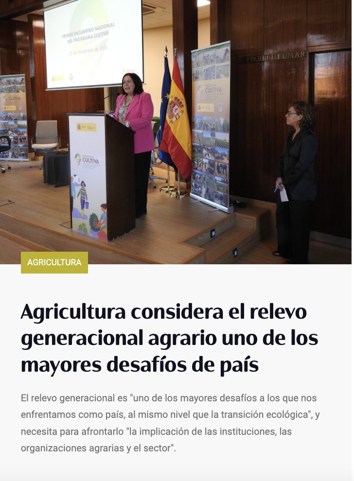 Se habla mucho pero se hace poco. Tenemos 3 grandes problemas:

1⃣ Despoblación rural: el 48% de los municipios está en riesgo por despoblación.
2⃣ Falta de relevo generacional del campo: más del 60% tiene &gt; 60 años.
3⃣ Competencia desleal de productos de fuera de la UE.