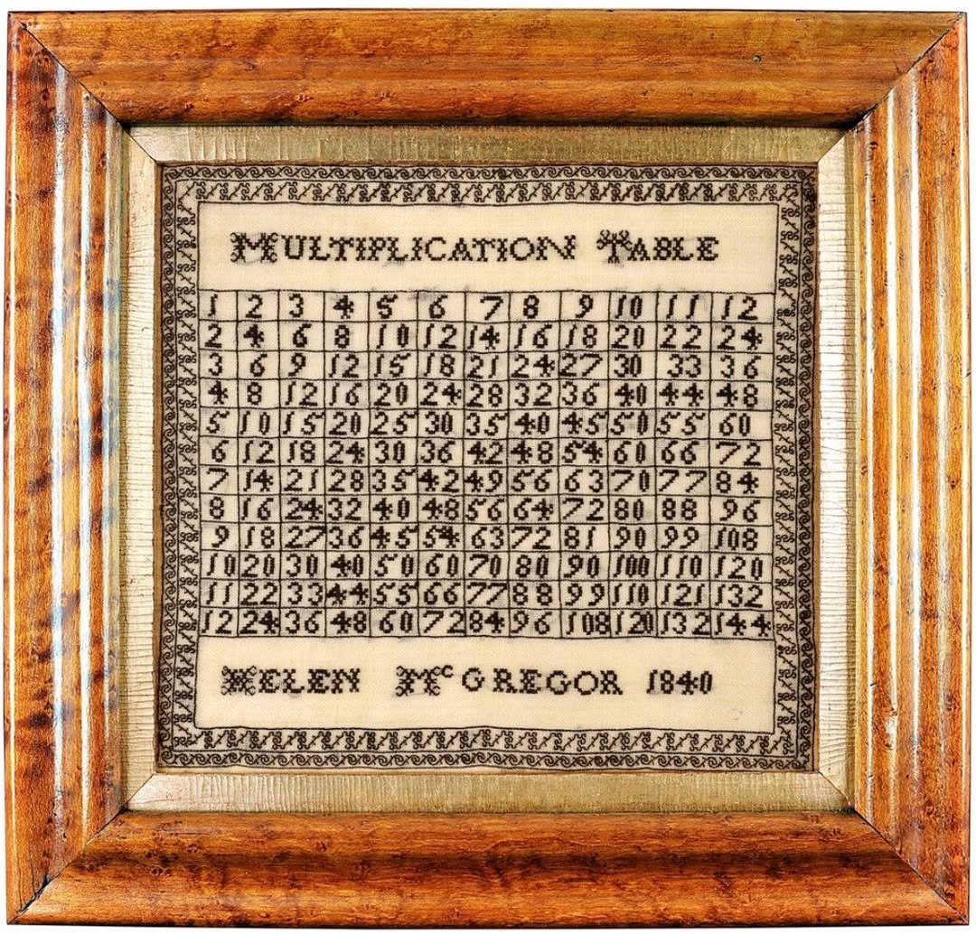 Fancy some maths? Helen McGregor worked this multiplication table sampler in Scotland in 1840. Multiplication table samplers were a way for a student to learn both needlework and mathematical skills at the same time