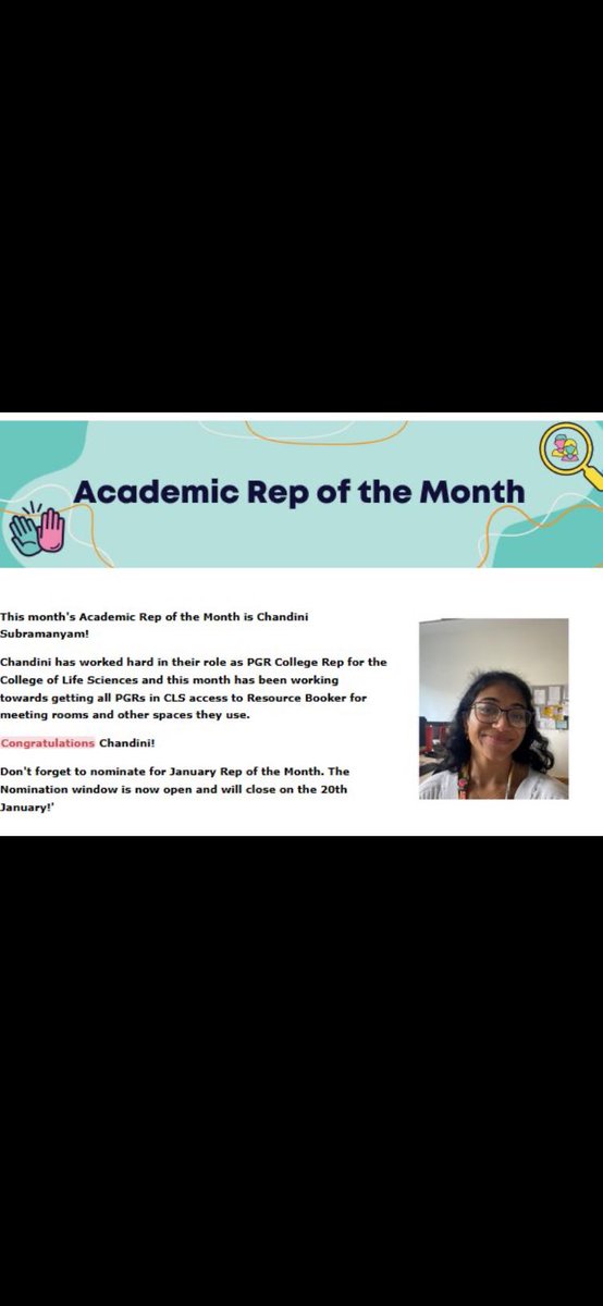 Chandini Subramanyam (@chan_supermario) on Twitter photo Delighted to be nominated as academic PGR rep of the month!
Looking forward to working on more initiatives to improve student research culture <a href="/uniofleicester/">University of Leicester</a> in the final year of my PhD!
<a href="/SocSciHealth/">SAPPHIRE research</a> Delighted to be nominated as academic PGR rep of the month!
Looking forward to working on more initiatives to improve student research culture <a href="/uniofleicester/">University of Leicester</a> in the final year of my PhD!
<a href="/SocSciHealth/">SAPPHIRE research</a>