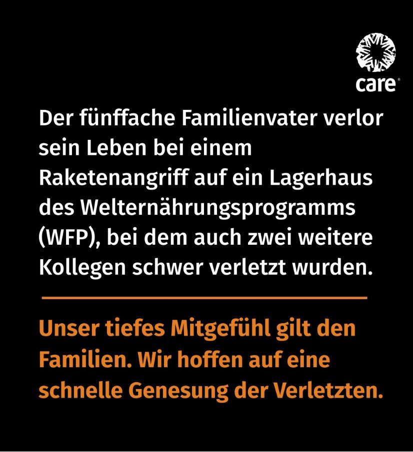 #Gaza Ein Mitarbeiter unseres Partners MA'AN Development Center starb bei Raketenangriff auf ein WFP-Lagerhaus in Deir Al-Balah. 2 weitere Kollegen wurden schwer verletzt. Unsere Gedanken sind bei den Angehörigen &amp; Kolleg:innen. 
#NotATarget #CeasefireNow 
care.de/medieninformat…