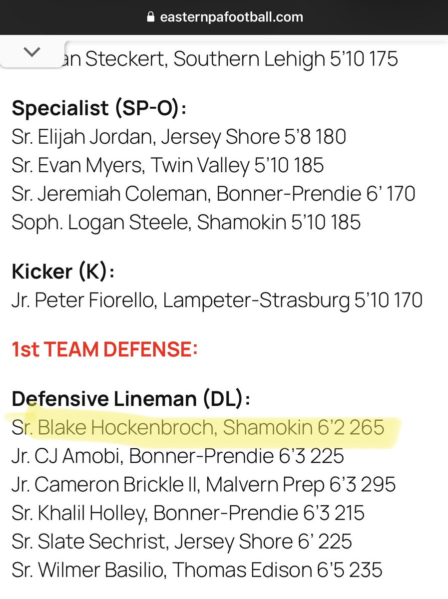 Blake Hockenbroch (@blakehock06) on Twitter photo Thankful to be named to the First Team All-Eastern PA Football Team (Defensive Line)!!!!!
*Most Voted at Position
<a href="/CoachPersing/">Marc Persing</a> <a href="/mburrows1_mark/">Mark Burrows</a> <a href="/Nsjoco22/">joe</a> <a href="/ChadStumhofer/">Chad Stumhofer</a> <a href="/mjr050594/">mjr050594</a> <a href="/VAPORTRAIL2471/">VAPORTRAIL247 SPEED TRAINING</a> <a href="/EPAFootball/">EasternPAFootball</a> <a href="/PaFootballNews/">Pennsylvania Football News</a> Thankful to be named to the First Team All-Eastern PA Football Team (Defensive Line)!!!!!
*Most Voted at Position
<a href="/CoachPersing/">Marc Persing</a> <a href="/mburrows1_mark/">Mark Burrows</a> <a href="/Nsjoco22/">joe</a> <a href="/ChadStumhofer/">Chad Stumhofer</a> <a href="/mjr050594/">mjr050594</a> <a href="/VAPORTRAIL2471/">VAPORTRAIL247 SPEED TRAINING</a> <a href="/EPAFootball/">EasternPAFootball</a> <a href="/PaFootballNews/">Pennsylvania Football News</a>