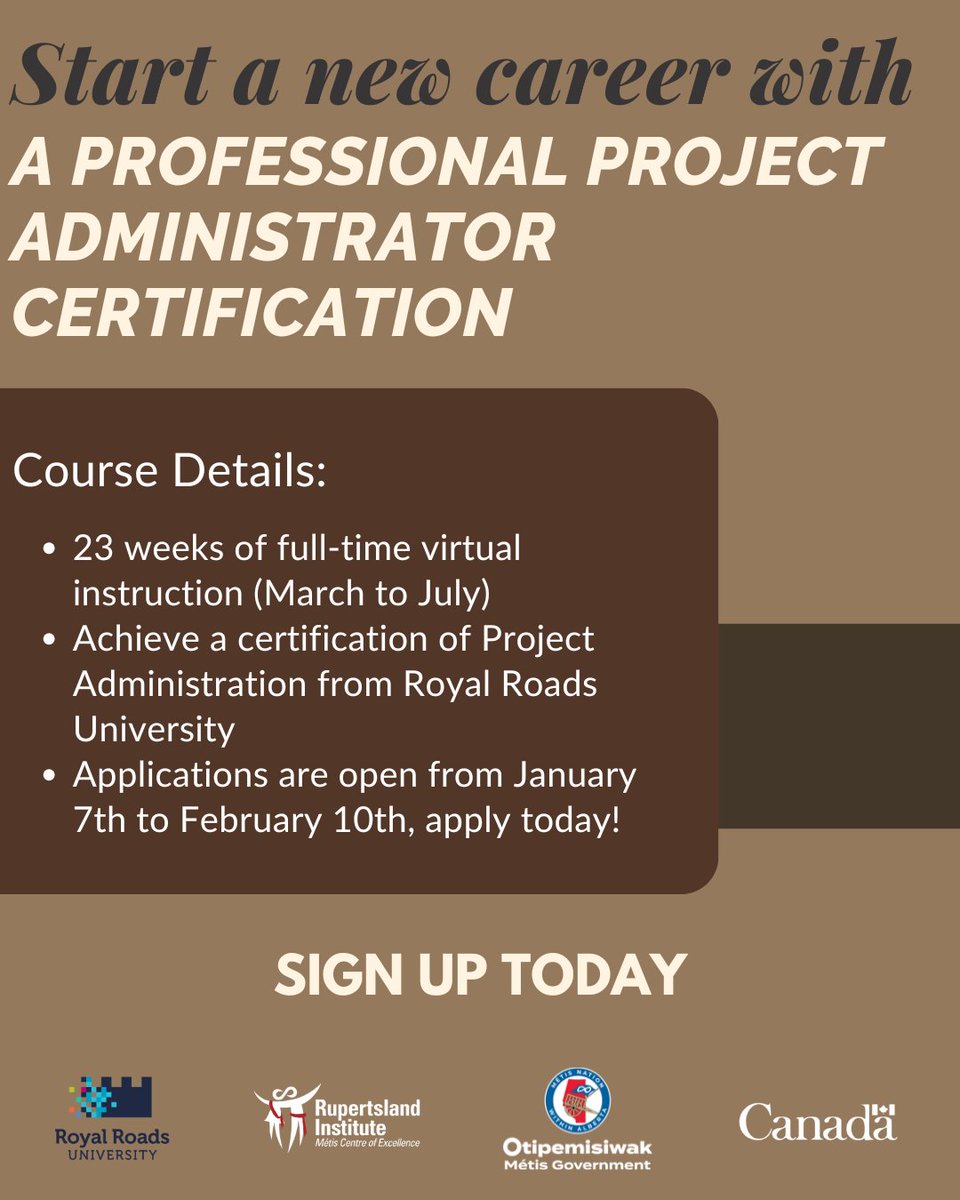 rupertslandorg's tweet image. Kick off 2025 by enrolling in a 23-week online Professional Project Administrator Certification with Rupertsland Institute and Royal Roads University ๐ป
Interested in Project Administration? Fill out this form to show your interest:
#ProjectAdmin #RLI #RoyalRoads