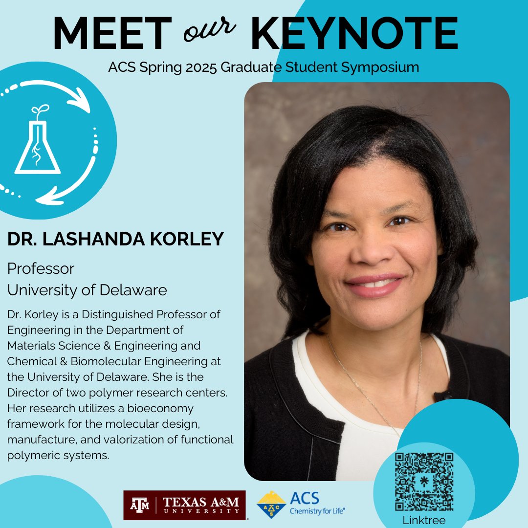 tamugsspc's tweet image. We are honored to host Dr. LaShanda Korley, a Distinguished Professor of Engineering at the University of Delaware, as a keynote speaker for our upcoming symposium!
Stay tuned to meet more of our speakers! #acs #gsspc #tamuchemistry 馃И馃ゼ