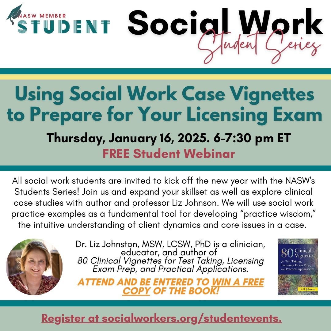 🚨FREE EVENT! Join us on  1/16/2025 from 6-7:30pm ET to network, expand your skillset, as well as explore clinical case studies with author and professor Liz Johnson. Register: socialworkers.org/studentevents.