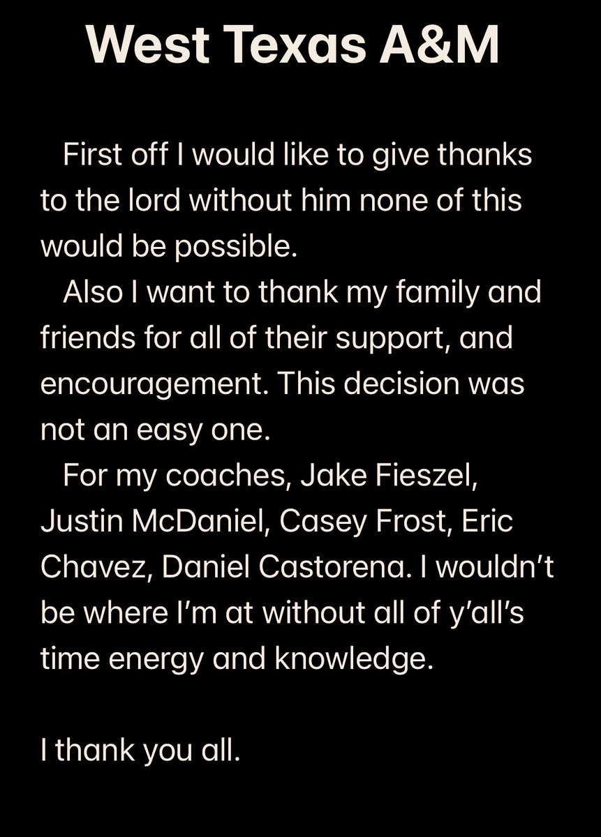 Committed to be a buffalo 🦬 
<a href="/WTCoachRuss/">Coach Russ</a> 
<a href="/CoachJoshLynn/">Josh Lynn</a> 
<a href="/WTAMUFootball/">Buffalo Football</a>