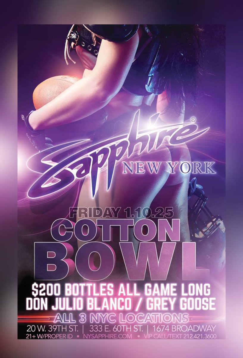 🔥 Cotton Bowl Friday at Sapphire! 🏈 

Enjoy $200 bottles of Don Julio or Grey Goose all game long at all our 3 locations 🥂
Call 212.421.3600 to reserve your spot! 
More info via website: nysapphire.com/ny-sapphire-ge…

#CottonBowl #SapphireVibes #NYCNightlife