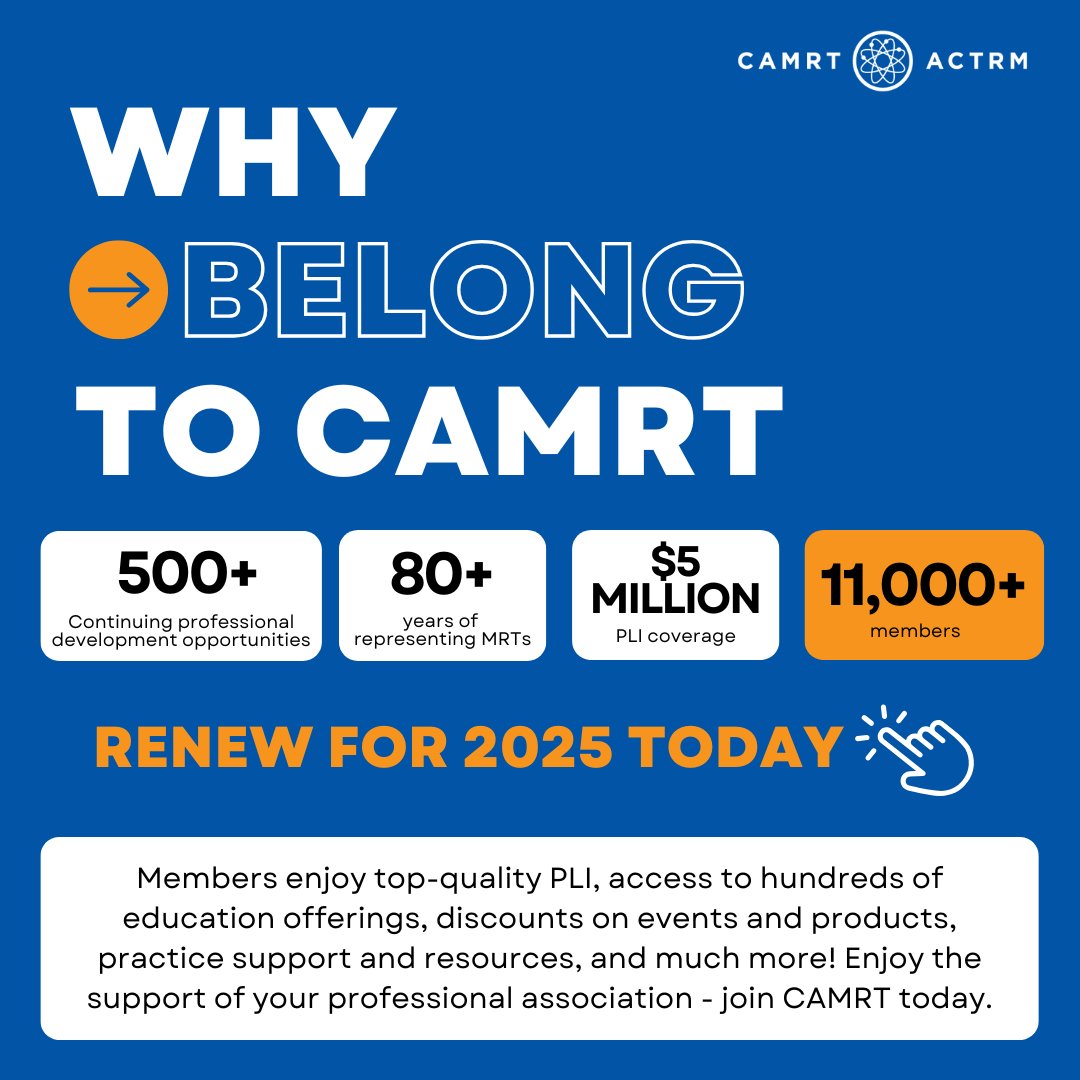 2025 CAMRT membership is now available, Renew Now! Whether it is for our top-quality PLI, hundreds of MRT-specific CPD offerings, advocacy of the profession, member discounts, or MRT practice supports, there are many reasons to belong to CAMRT.

Renew now: camrt.ca/membership/mem…