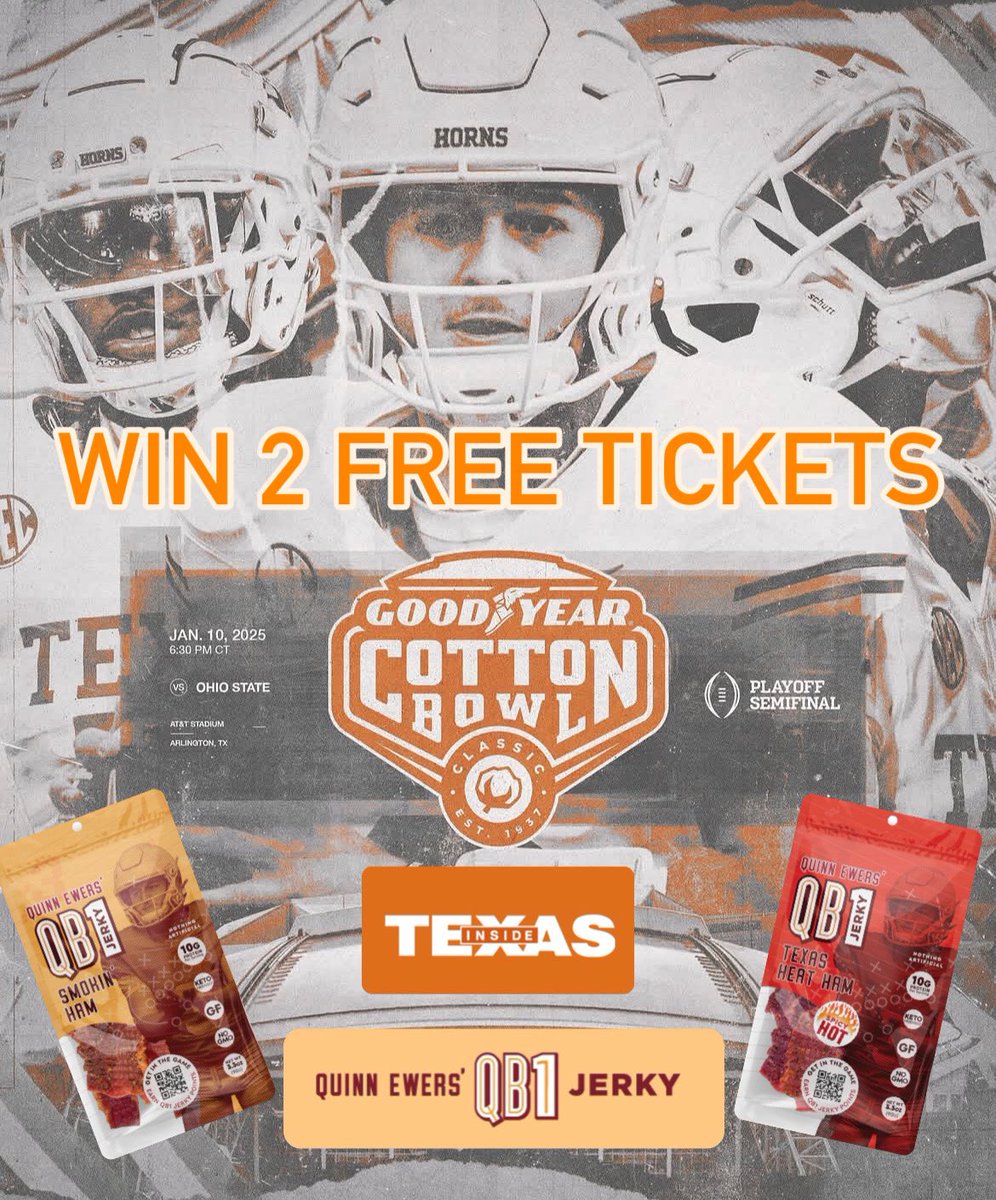 qb1jerky's tweet image. We scored an extra pair of tix to the big game for a lucky fan! Follow @InsideTexas & buy a bag at qb1jerky.com to support UT Athletes and score your chance to win 🤘🏻🤘🏻🤘🏻 #HookEm