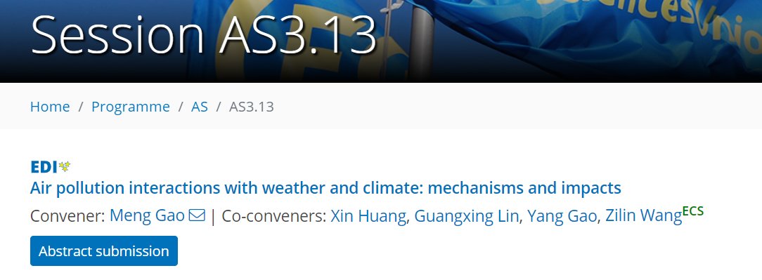 Happy new year. Please consider submitting an abstract to the EGU 2025 session on (AS3.13) Air pollution interactions with weather and climate: mechanisms and impacts meetingorganizer.copernicus.org/EGU25/session/…