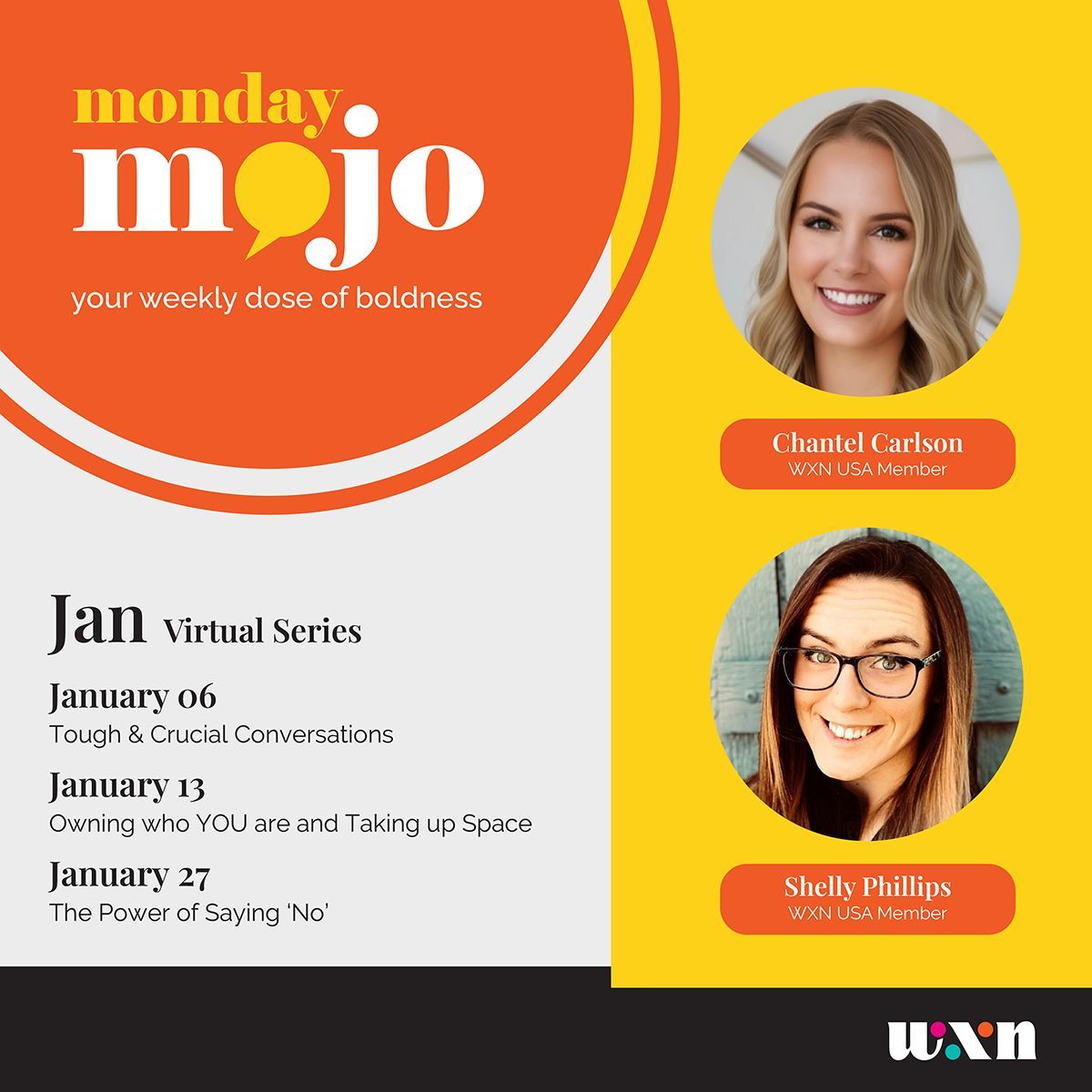 [Monday Mojo] On Jan 13 look at the power of being mindful of owning your leadership qualities &amp; using those qualities to enhance your presence in any room. Chantel Carlson &amp; Shelly Phillips will explore owning who YOU are and taking up space. Register! buff.ly/40lpIEG