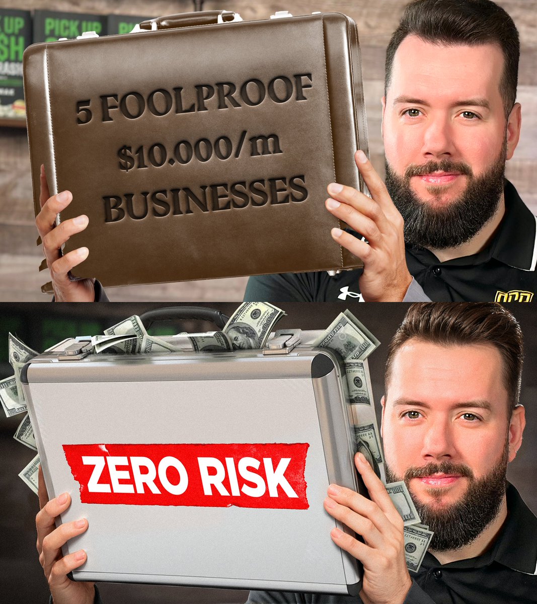 Title: 5 Service Based Businesses IMPOSSIBLE to Fail

Draft &amp; Final Thumbnail

What do you guys think about the text on the briefcase, was it more clickable before or now? 🤔