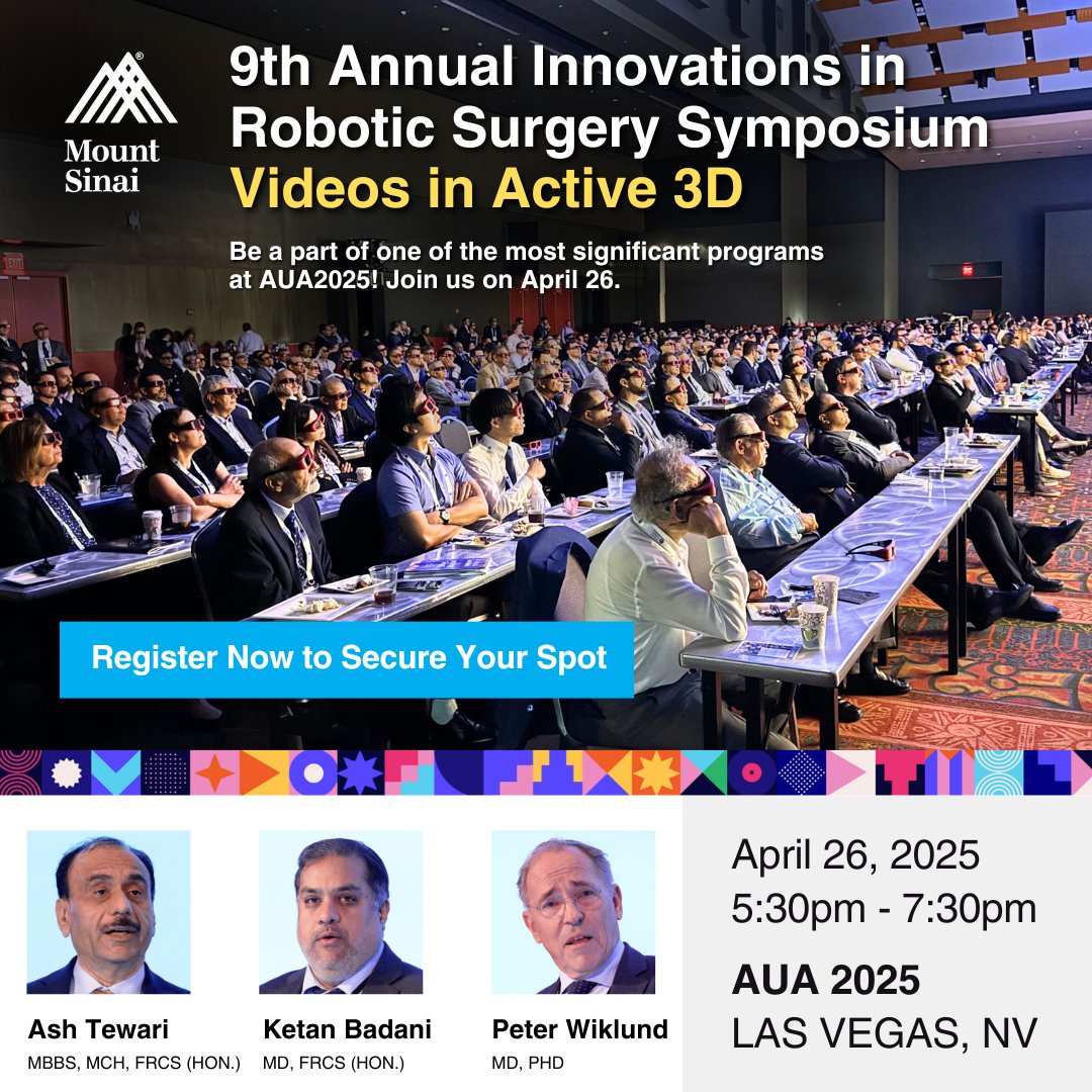 Mount Sinai Department of Urology (@mountsinaiuro) on Twitter photo Join us on April 26 at AUA 2025 for the 9th Annual Innovations in Robotic Surgery Symposium!
Explore advances in prostate, kidney, and bladder surgeries with 3D videos & holographic presentations.
Register now: bit.ly/AUA2025
#AUA2025
<a href="/AshTewariMD/">Ash Tewari, MD</a> <a href="/NYCRoboticTeam/">Ketan K. Badani MD</a> Join us on April 26 at AUA 2025 for the 9th Annual Innovations in Robotic Surgery Symposium!
Explore advances in prostate, kidney, and bladder surgeries with 3D videos & holographic presentations.
Register now: bit.ly/AUA2025
#AUA2025
<a href="/AshTewariMD/">Ash Tewari, MD</a> <a href="/NYCRoboticTeam/">Ketan K. Badani MD</a>
