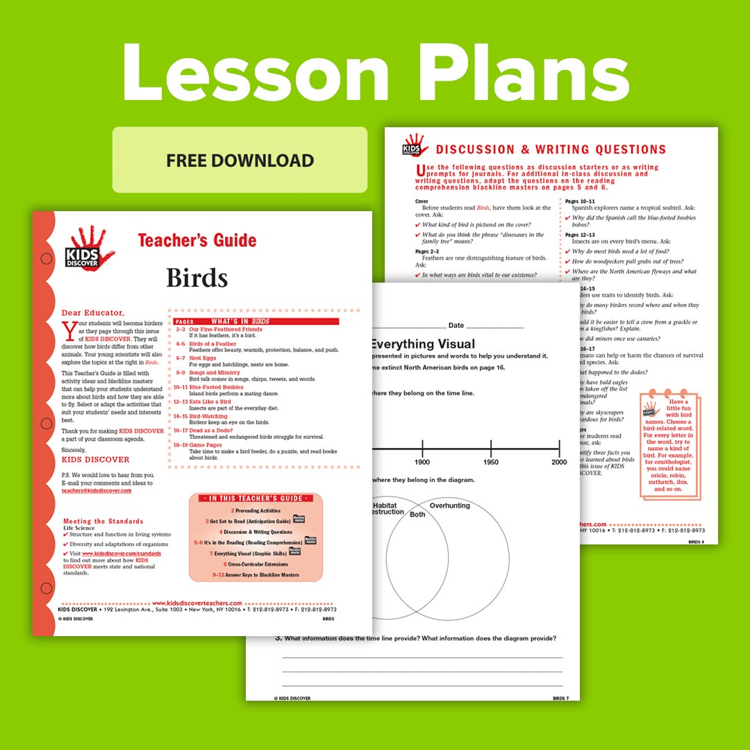 KIDS_DISCOVER's tweet image. This FREE #LessonPlan on #Birds will help you teach kids all about our feathered friends, including detailed information about their habits, diet, evolution, and more. Download now 🦉🦅online.kidsdiscover.com/resource/teach…